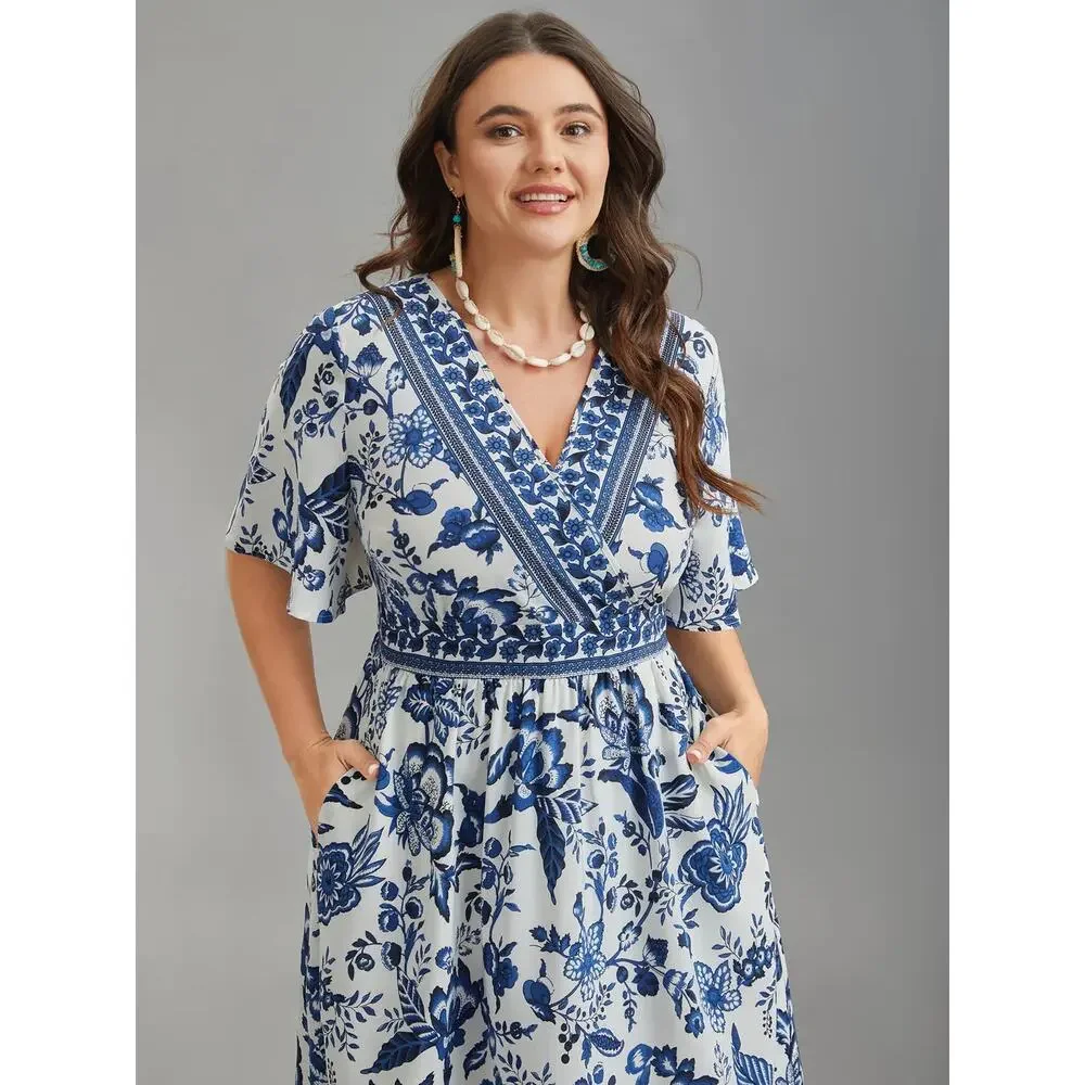 Bloomchic Blue Floral BOHO Midi Dress Pockets Short Sleeve Plus Size 2X 18-20_2